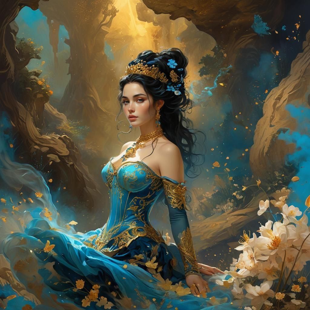 Blue Fire Princess Genie in Spring Forest