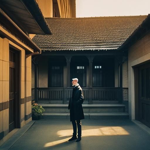 Giraffe and Woman at Kenyan Mansion, Photorealistic Art