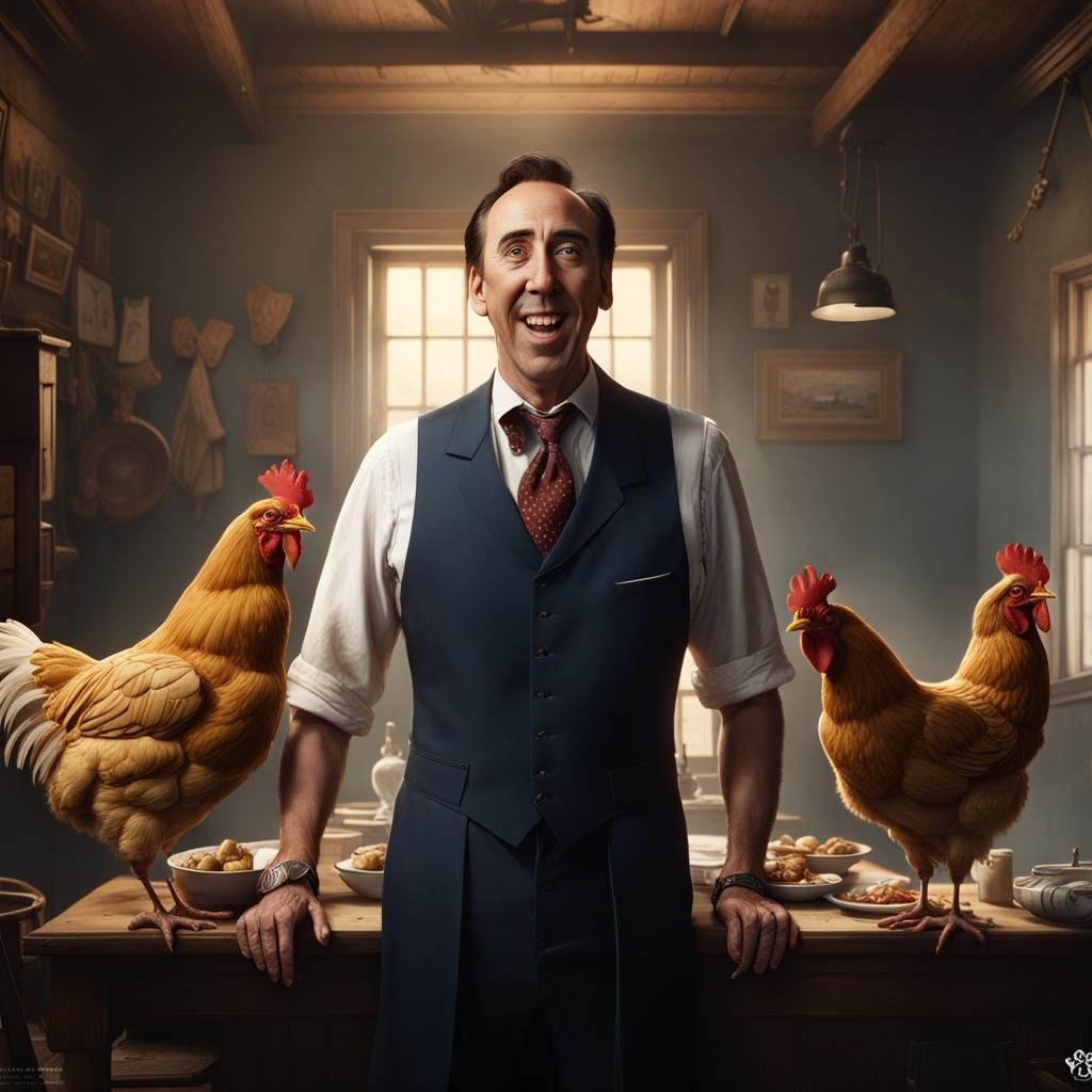 Nicolas Cage in Rockwell-esque Chicken Remake