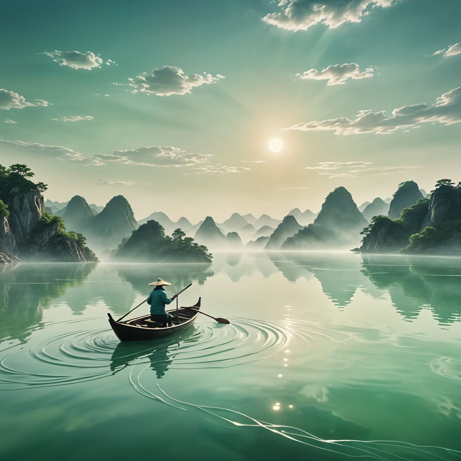 Ethereal Chinese Ink Landscape with Rowing Figure