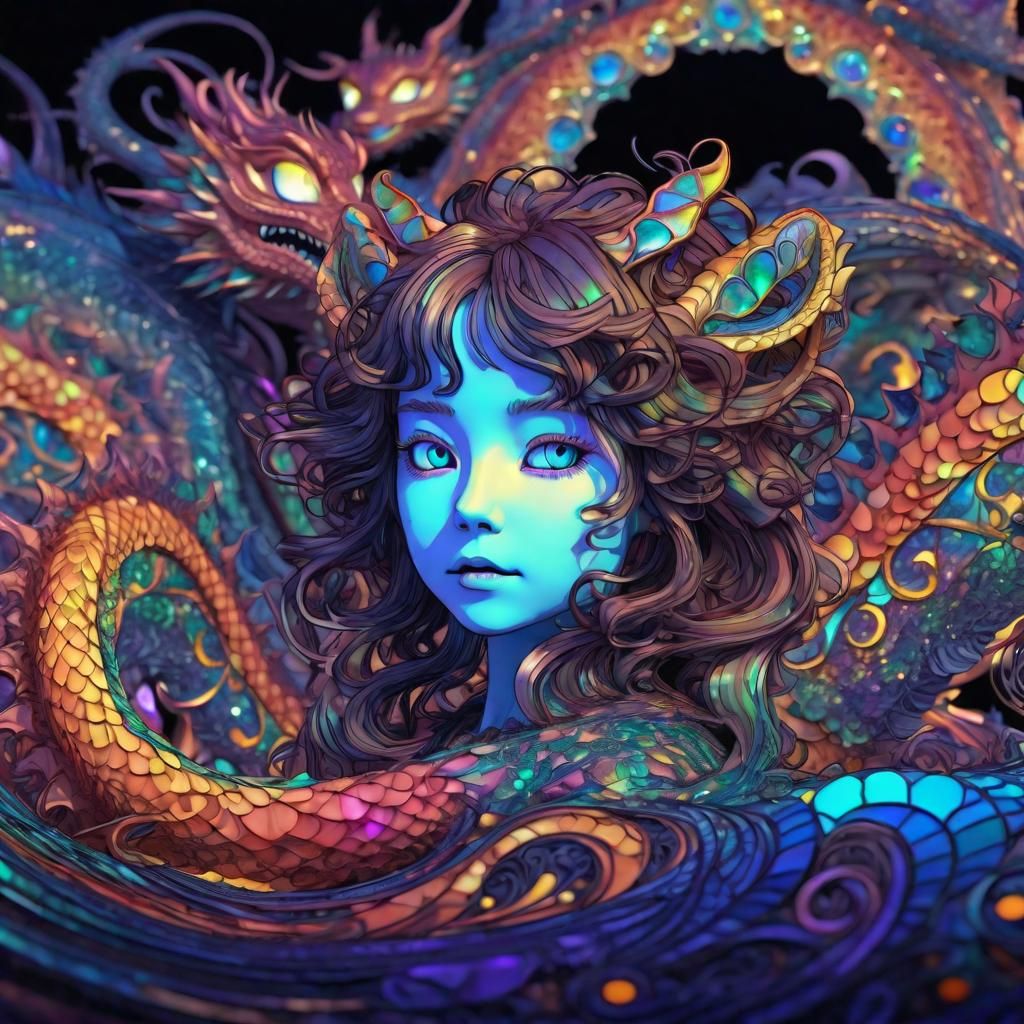 Iridescent Dragon Waifu in Art Nouveau Style