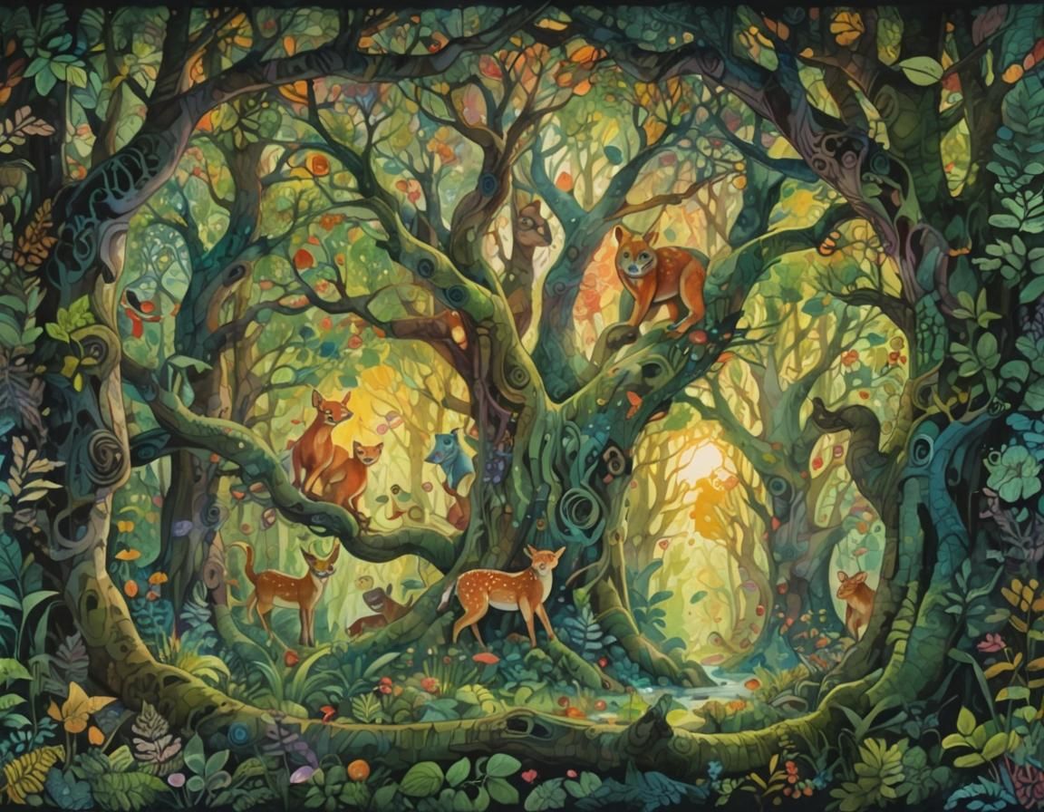 Whimsical Forest Scene in Vibrant Watercolor Abstract