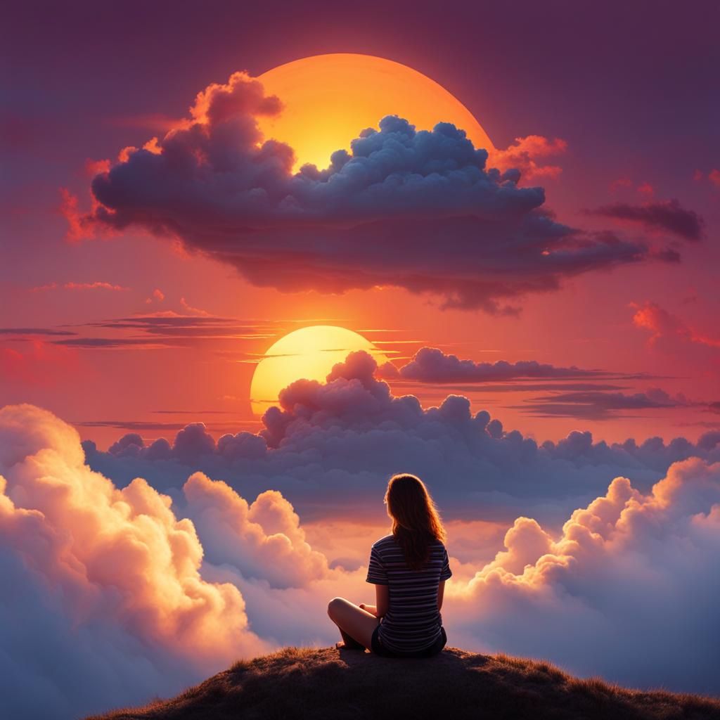 Girl Relaxing on Clouds at Sunset