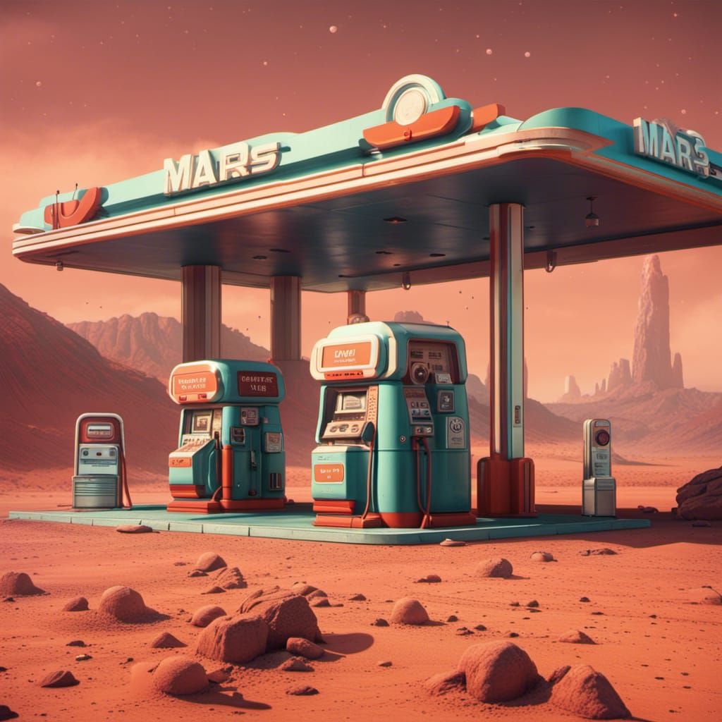 Retro Gas Station on Mars: Detailed Matte Painting