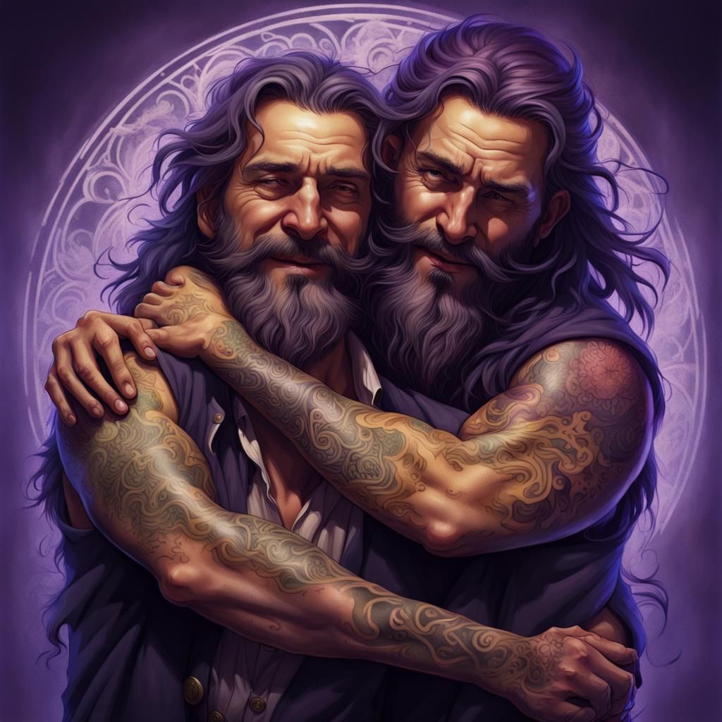 Tattoo Art: Two Bearded Men Hugging in Dark Fantasy Style