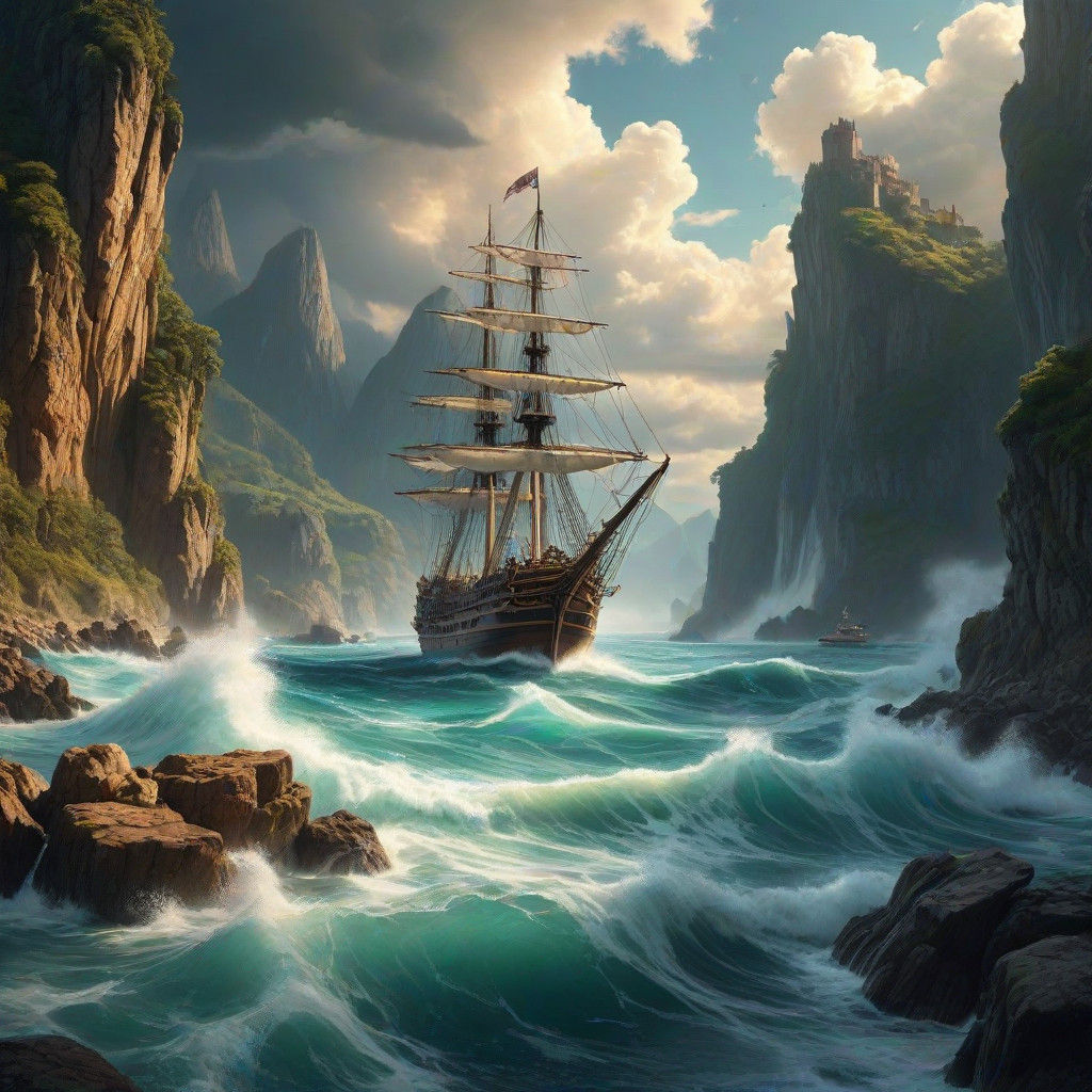 Majestic Sailing Ships Navigate Azure Waters Towards Lush Is...