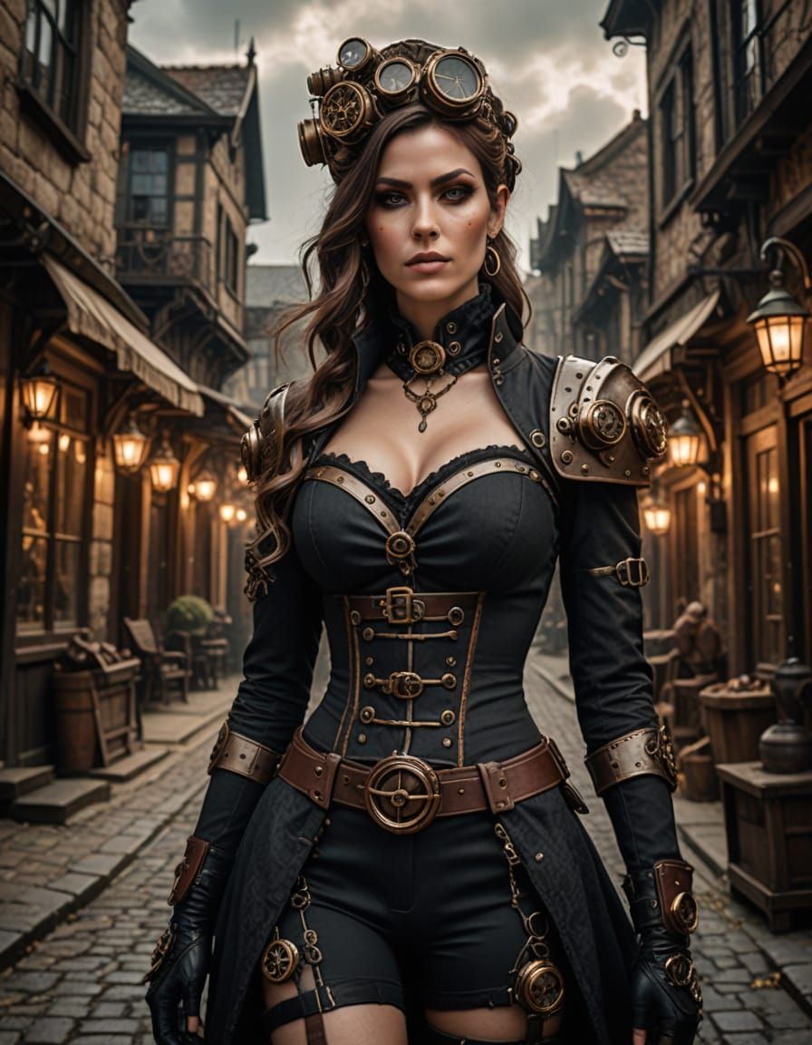 Steampunk Woman in Gothic Bikini in Old Village