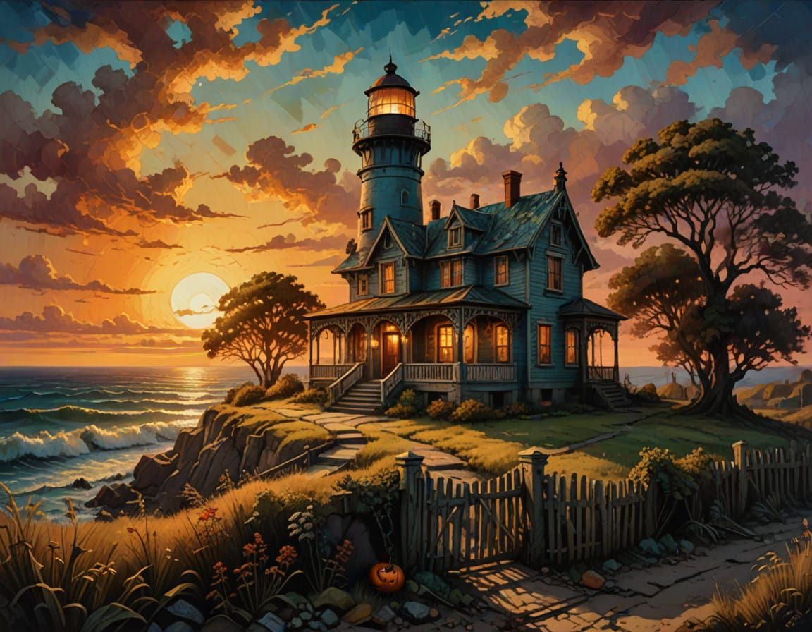 Vintage Lighthouse on Stormy Seas, Halloween Fantasy