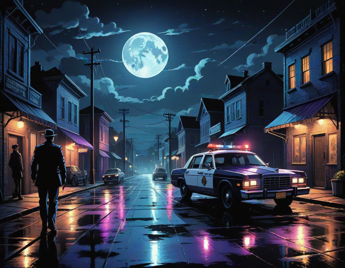 Moody Nighttime Patrol in a Village Comic Book Style