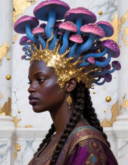 African Woman with Fungal Crown and Gold Overlay