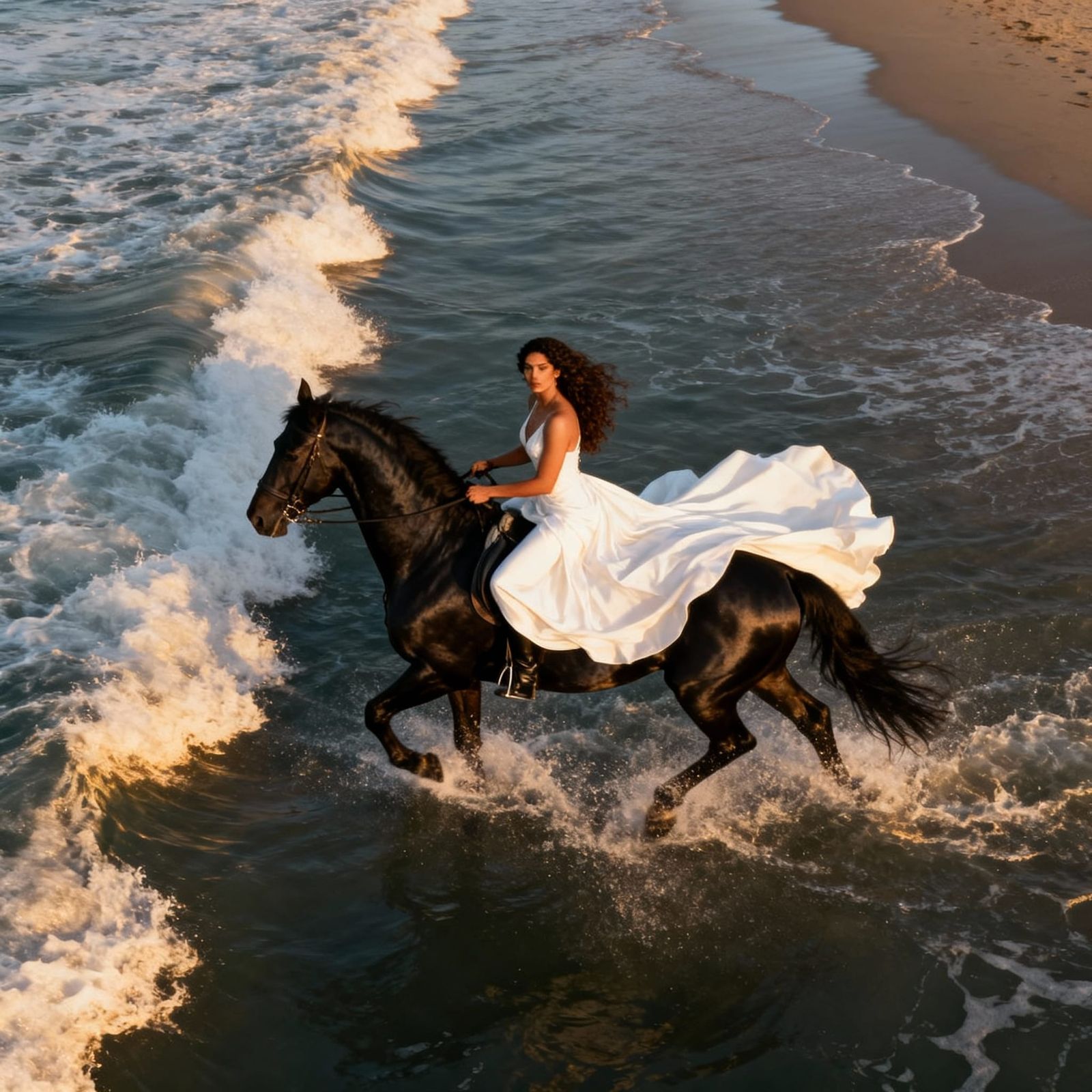 Elegant Woman Rides Horse Through Ocean Waves in Vogue Style