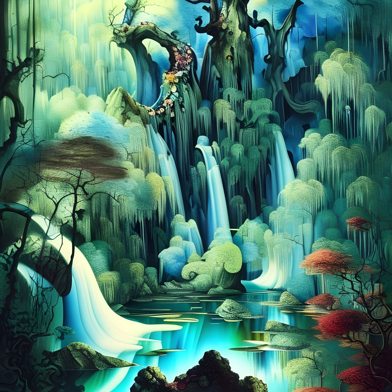 Surreal Waterfall Landscape Reflection in Vivid Colors