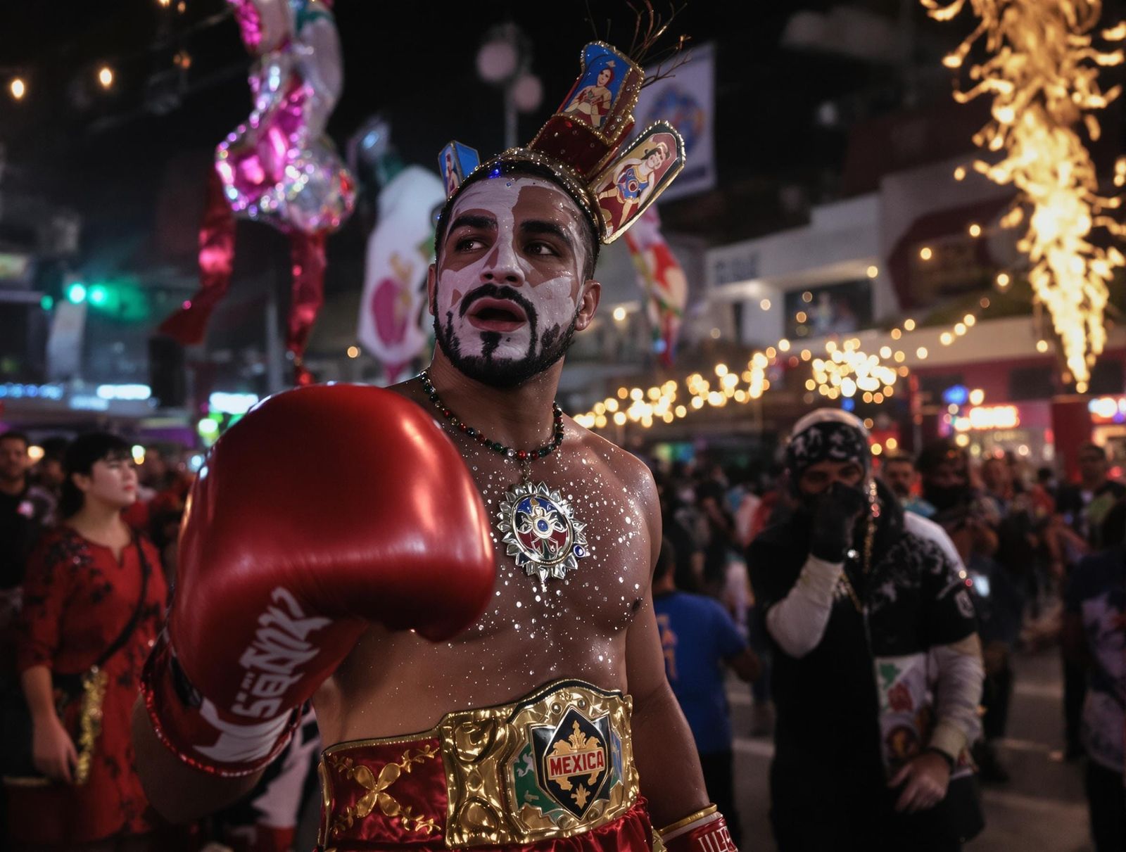 Vibrant Boxer in Cinematic Mexican Carnival Scene