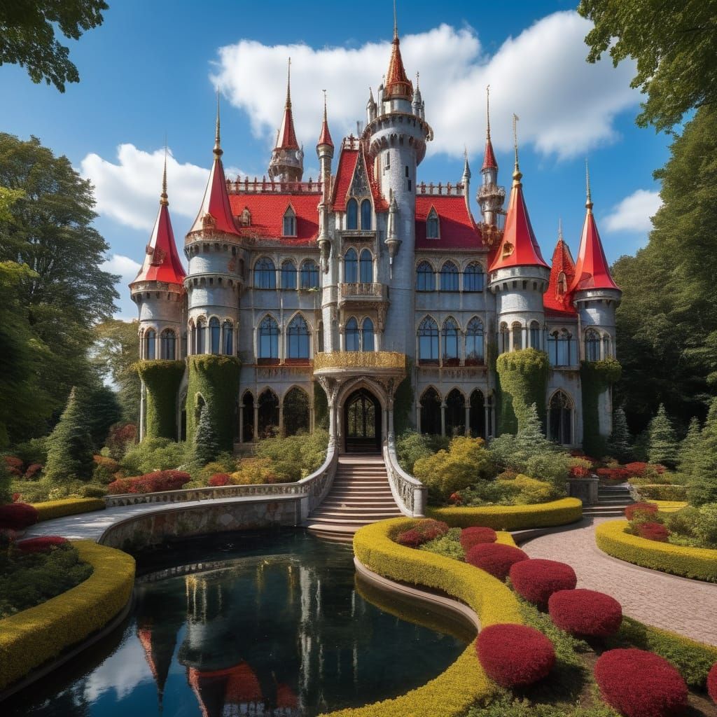 Glass Castle With Gold & Silver Ornaments in Neo-Gothic Styl...