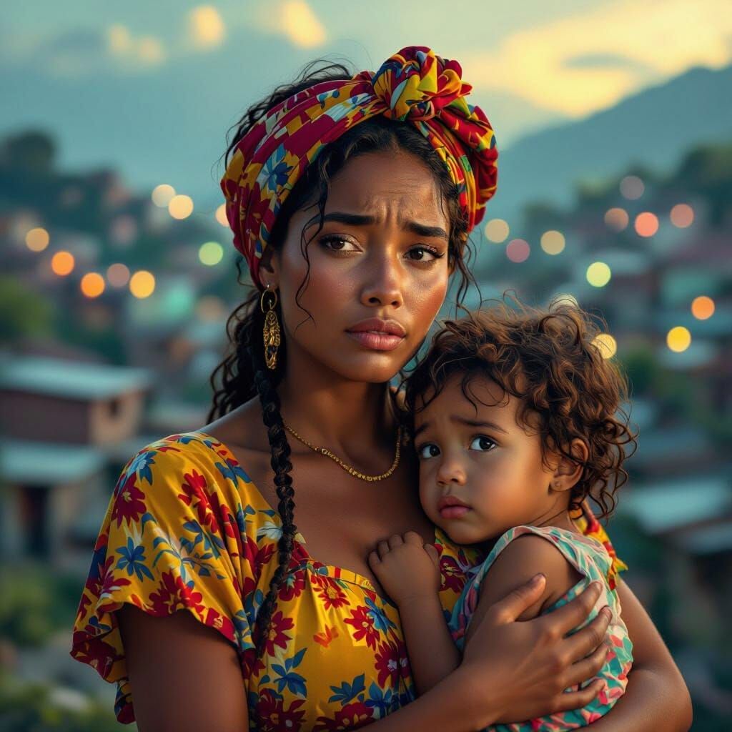 Distressed Mother and Child in Favela, Splash Art Style