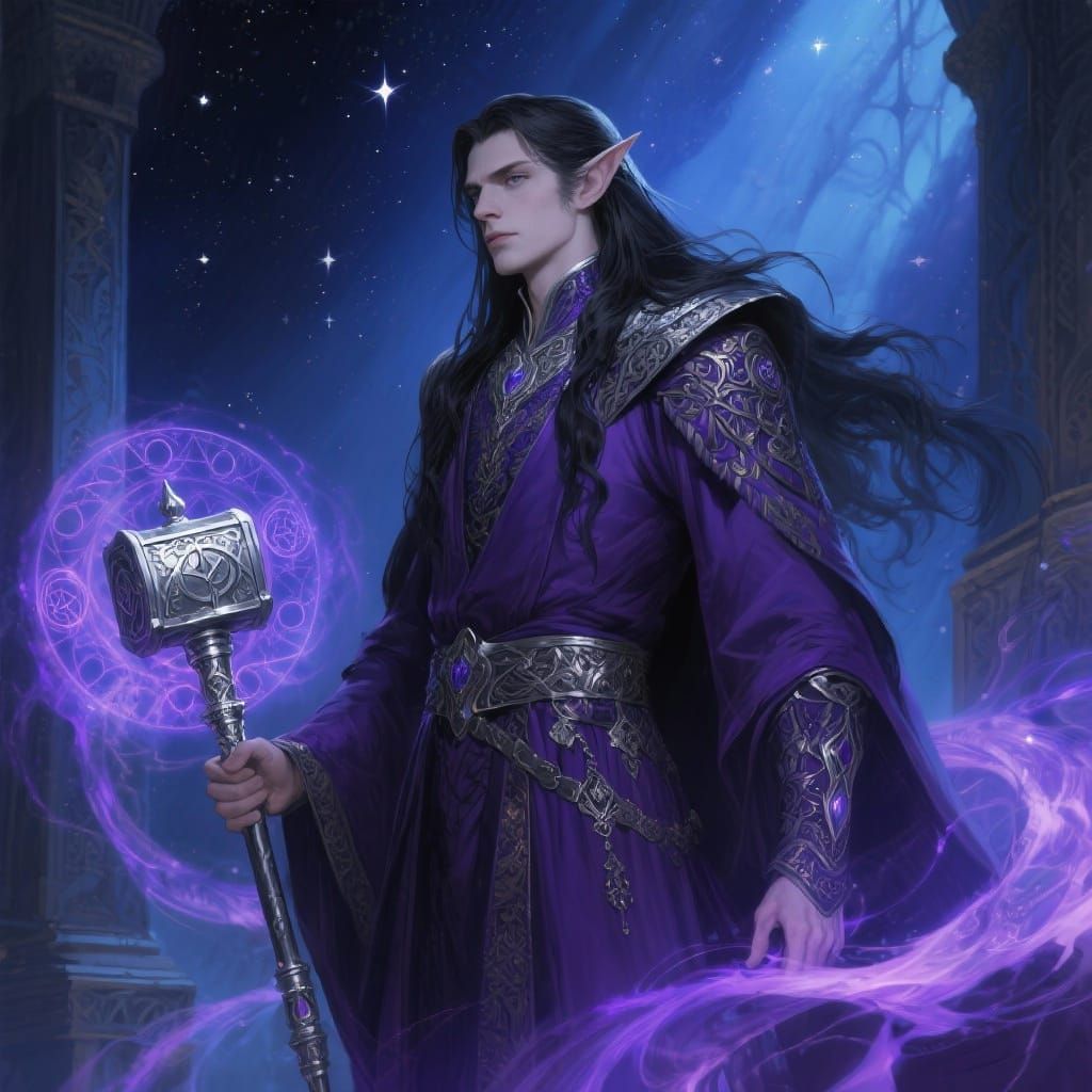 Regal Elf Sorcerer with Mace in Starlit Chamber