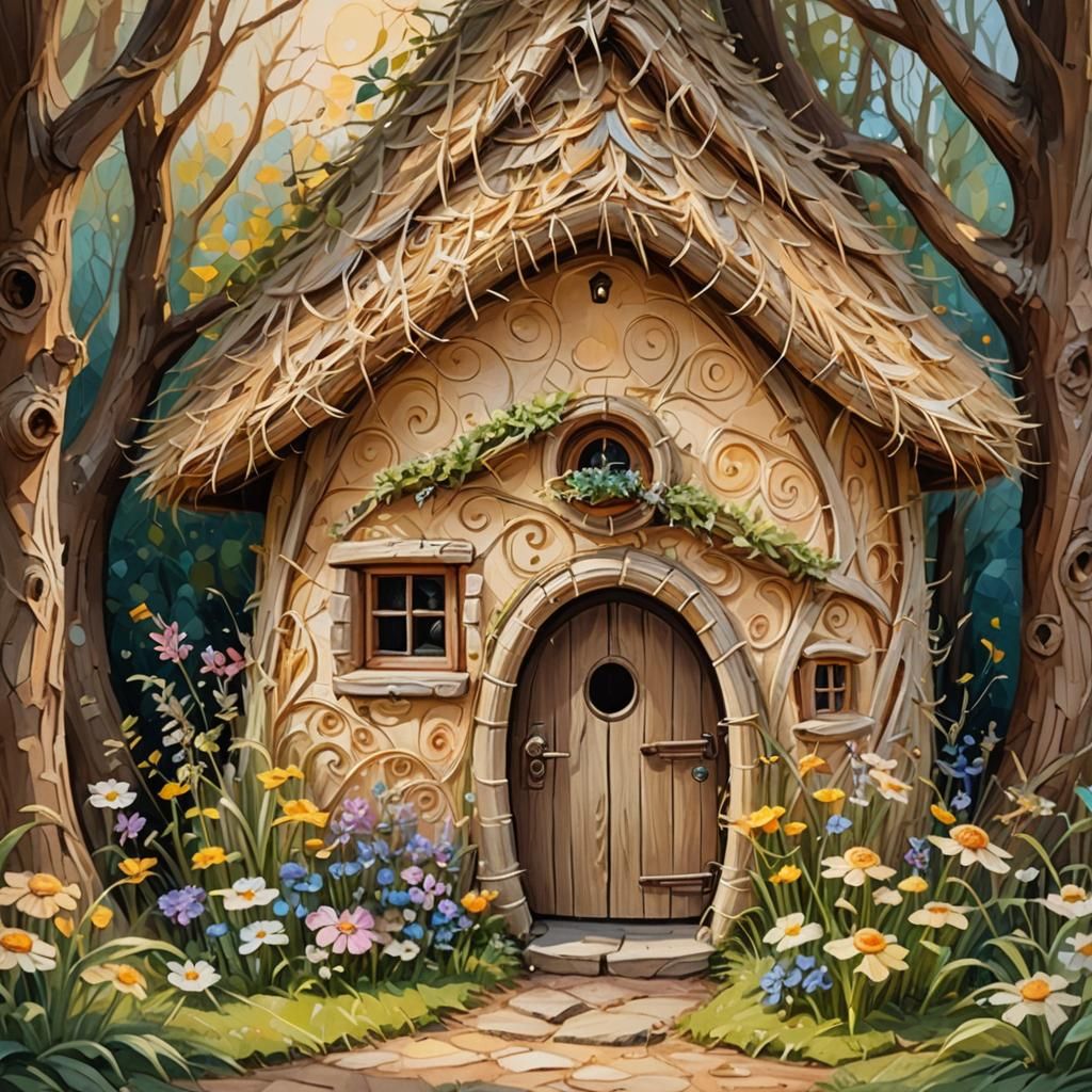 Whimsical Fairy Tale Cottage in Impasto Oil Painting