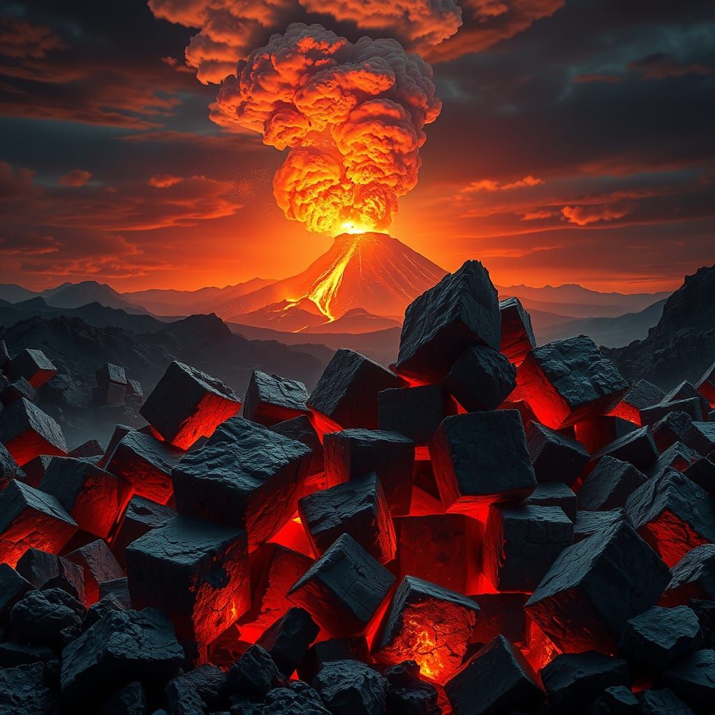 Erupting Volcanic Rock Cubes in a Fiery, Apocalyptic Night