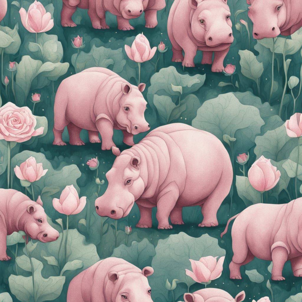 Tiny Hippo Village in Giant Rose Petals