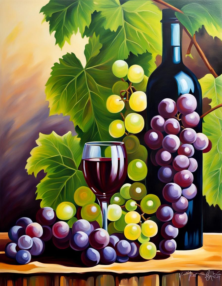 Acrylic Still Life with Grapes and Wine