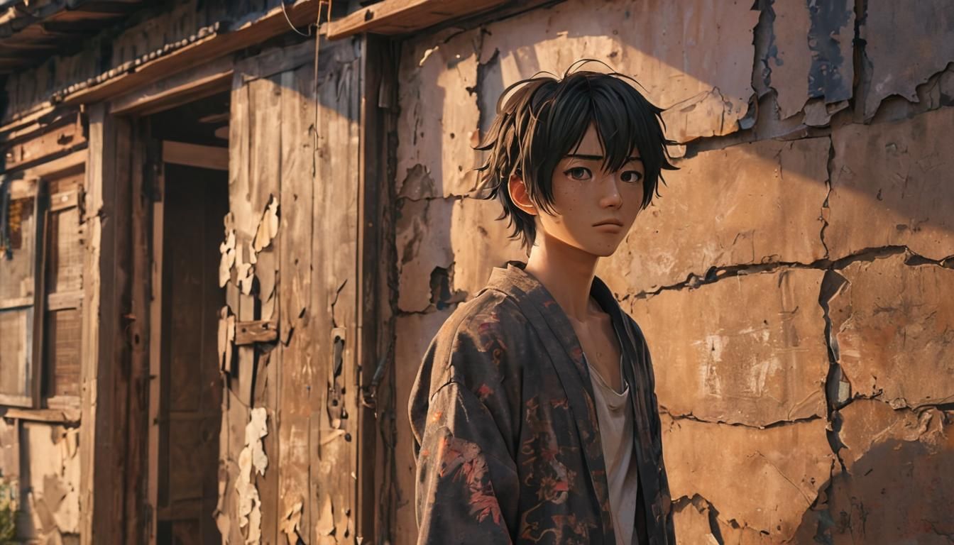 Young Man Before House in Anime Key Visual Style