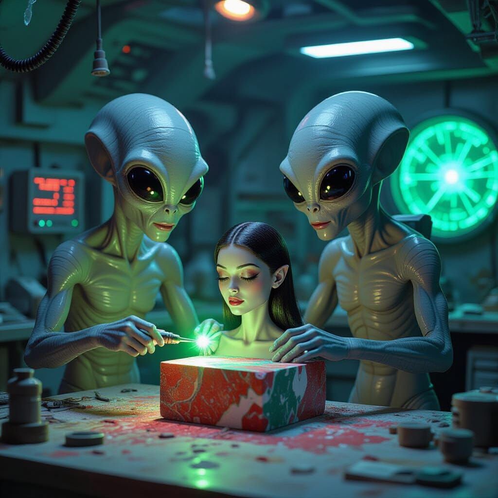 Aliens Sculpting Woman in Retro-Futuristic Studio