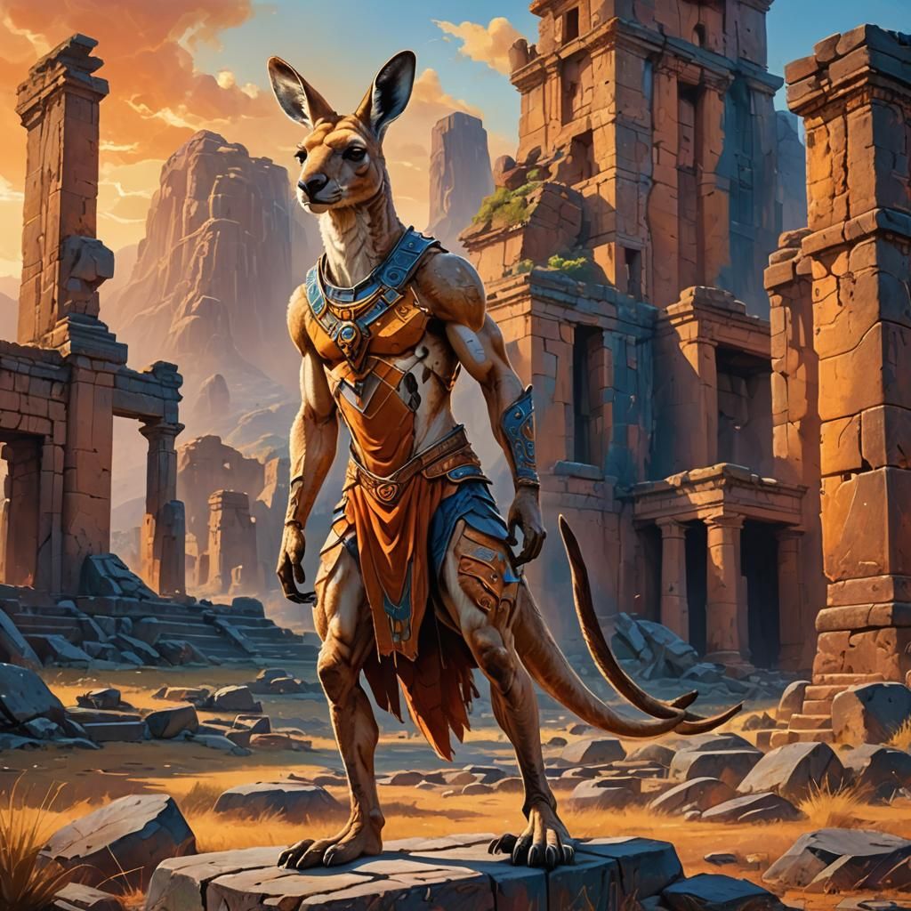 Kangaroo-Human Hybrid in Ancient Ruins: Oil Painting
