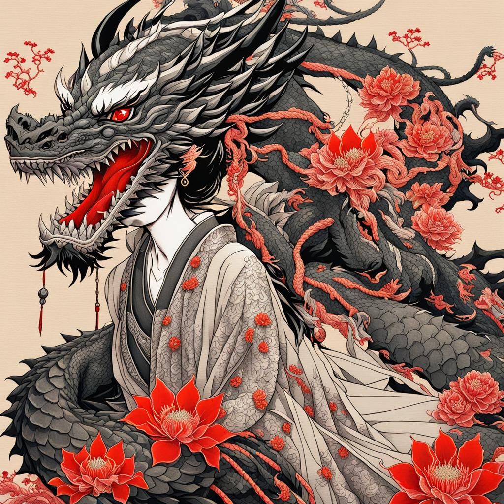 Digital Ascii art matrix embroidered textured beautiful intricately ultra detailed   painting of dragon flanked by an ul...