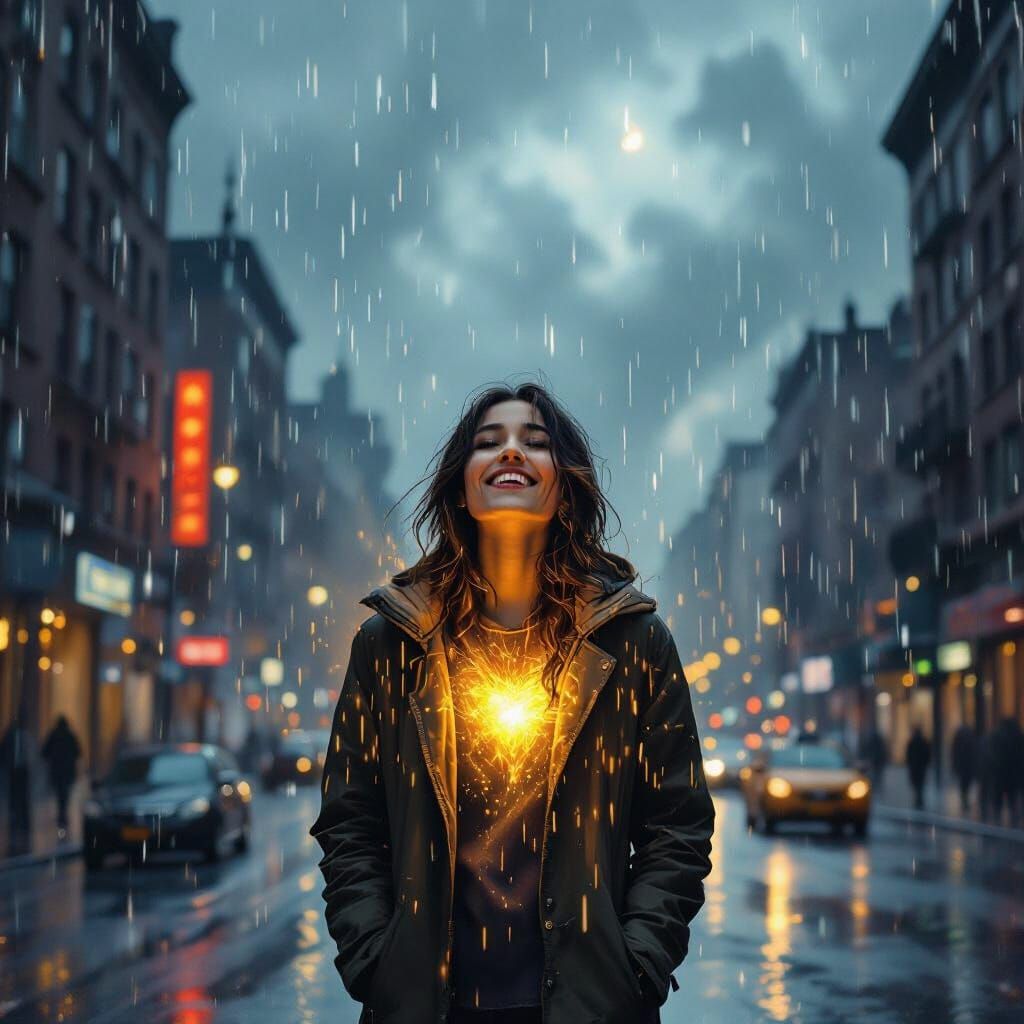 Person Radiates Inner Sunshine Amidst Dark, Rainy Cityscape