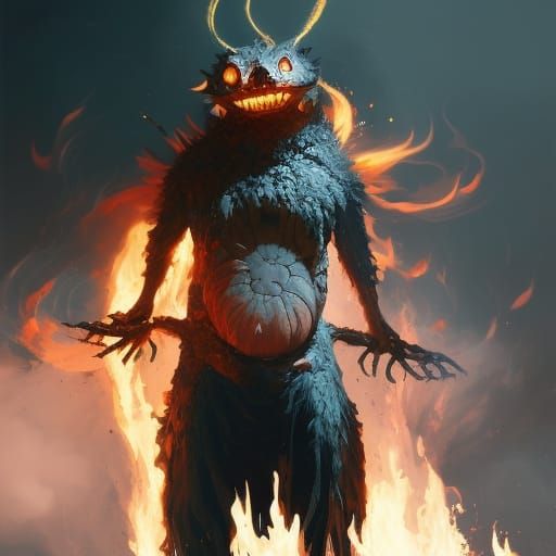 Flaming Skeleton Frog in Horror Anime Style