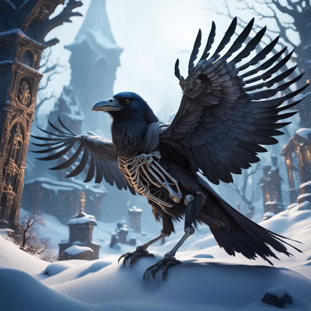 Raven, Ghost, and Skeleton in Snowy Landscape