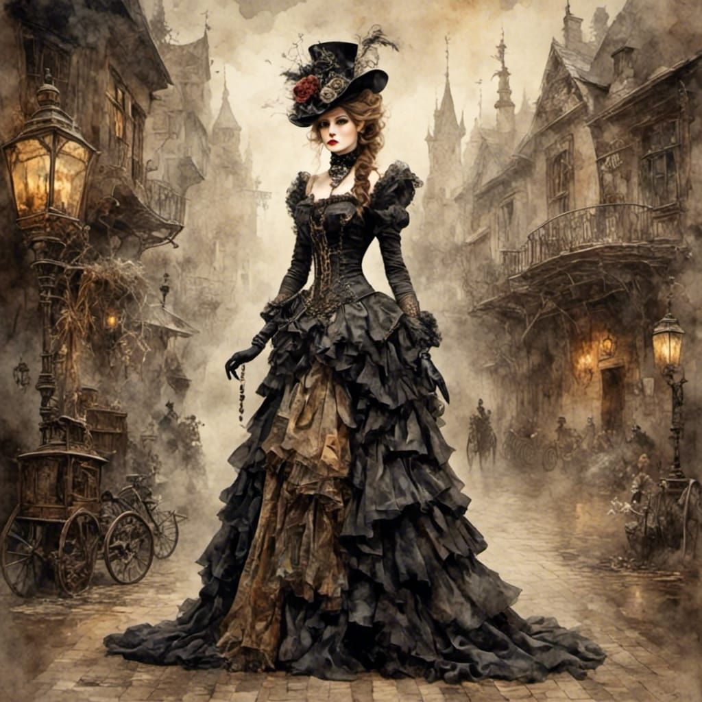 Steampunk Goth Woman in Antique Watercolor Style