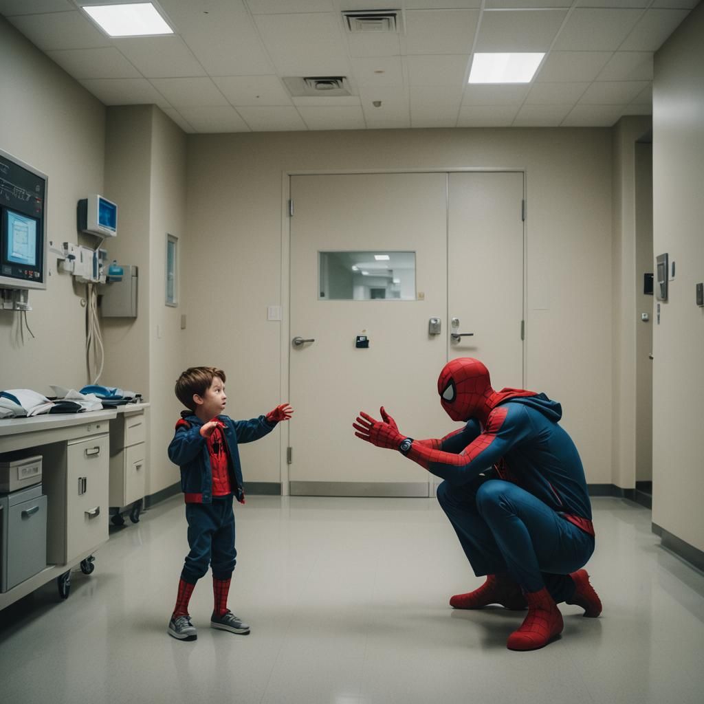Boy High-Fiving Spiderman: A Cinematic Hospital Scene