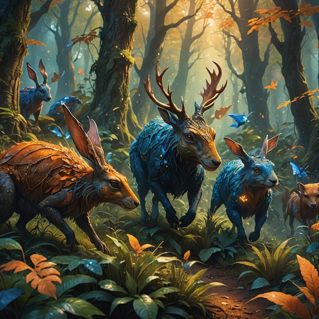 Magical Creatures Hopping in Lush Forest: Fantasy Art