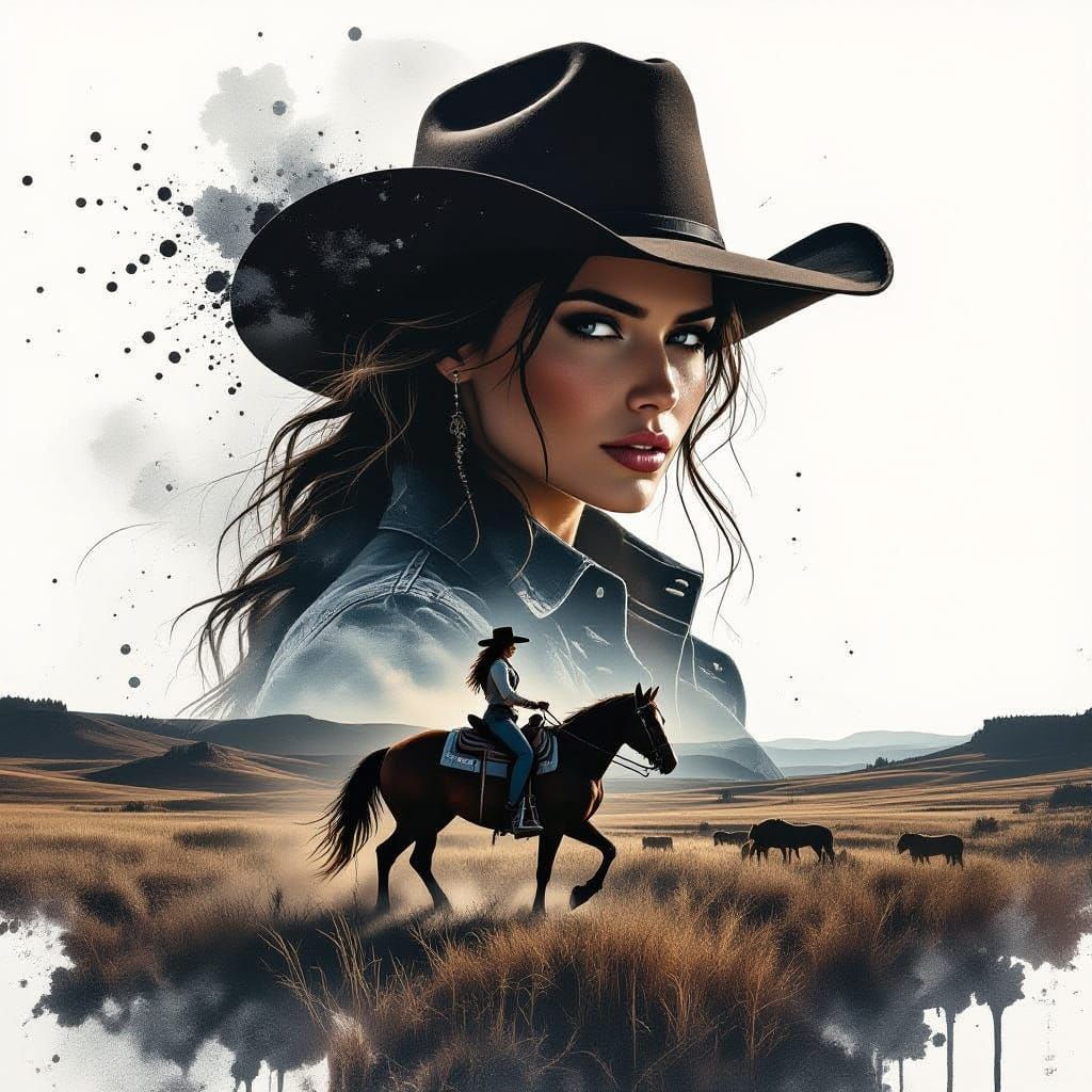 Cowgirl Double Exposure Art with Dramatic Light and Dark