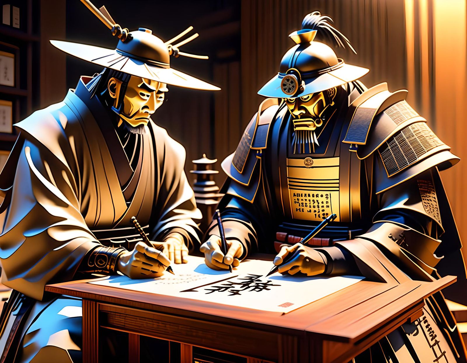 Steampunk Samurai Robots Learn Calligraphy in Ukiyo-e Style