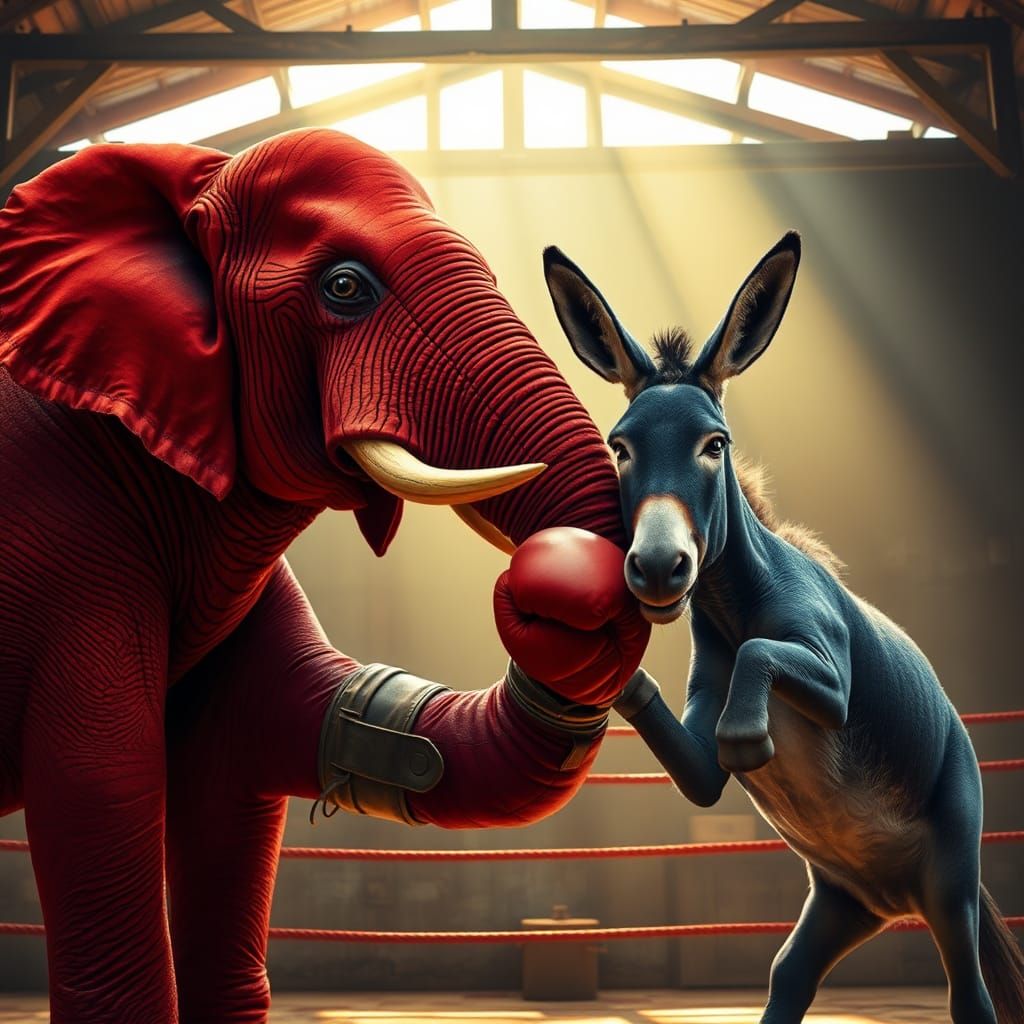 Red Elephant and Blue Donkey Boxing Match
