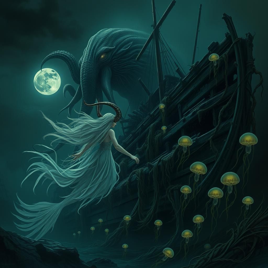 Eerie Priestess and Cthulhu in Dark Fantasy Style