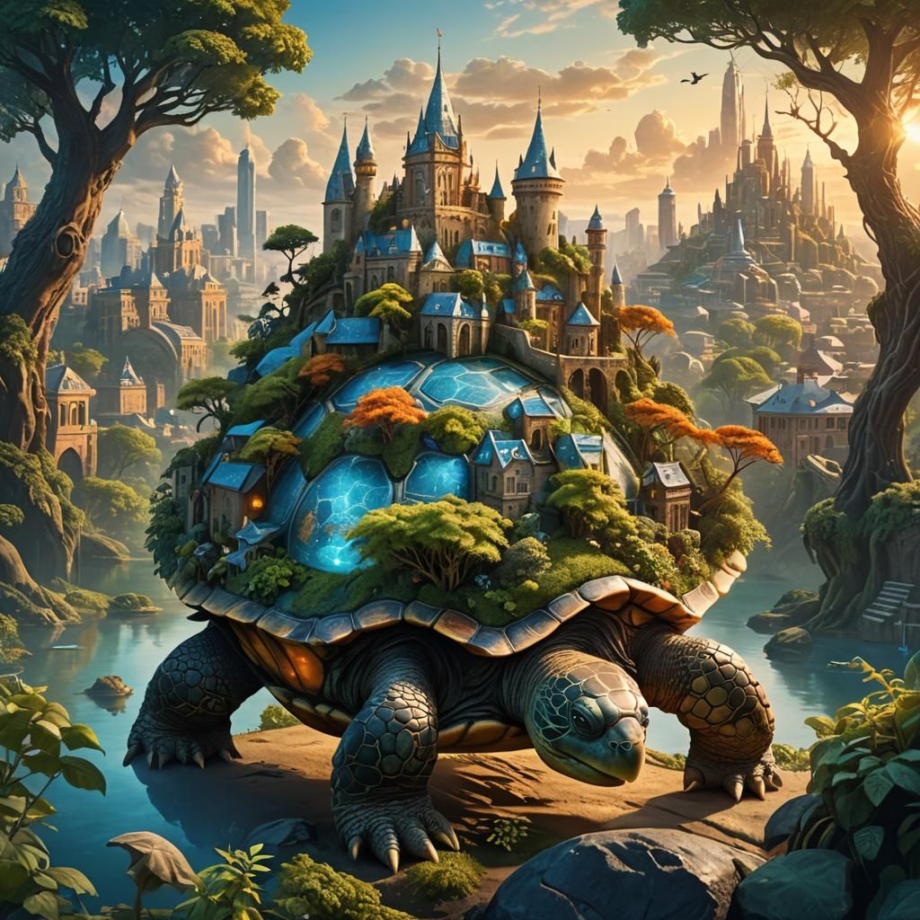 Turtle Carries City on Back in Fantasy Landscape