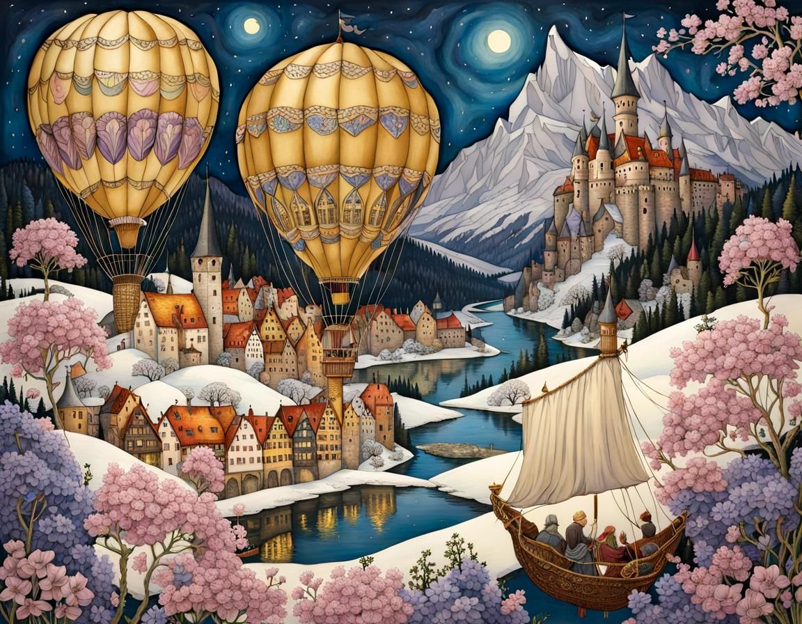 Golden Air Balloon over Blossom-Filled German Town