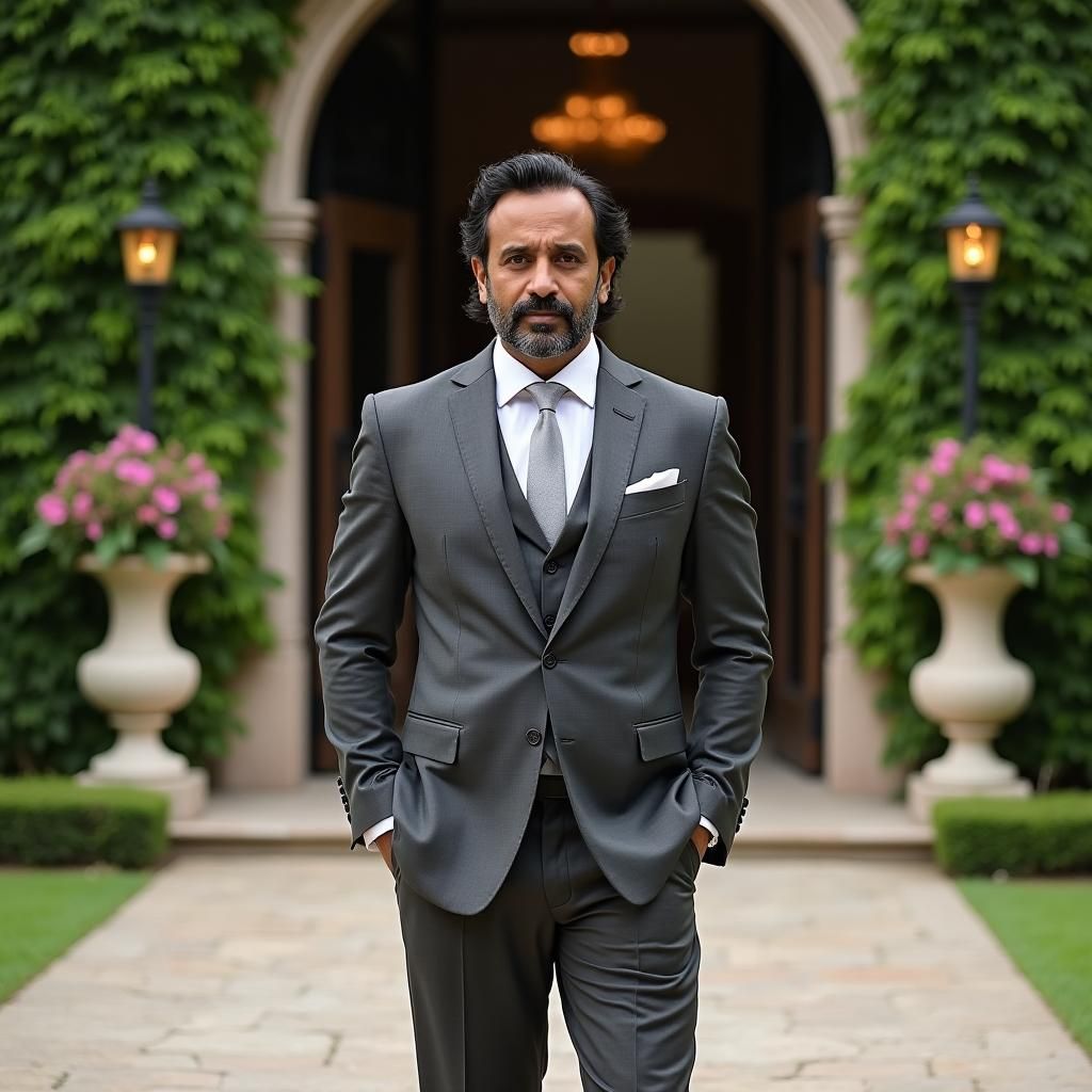 Confident Businessman in Front of Grand Mansion