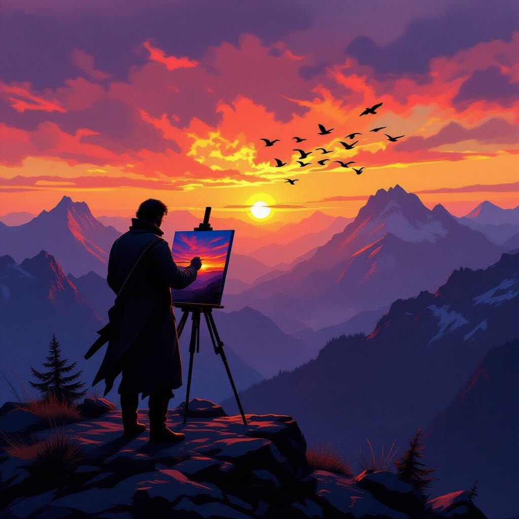Artist Paints Fiery Sunset on Mountain Peak with Birds