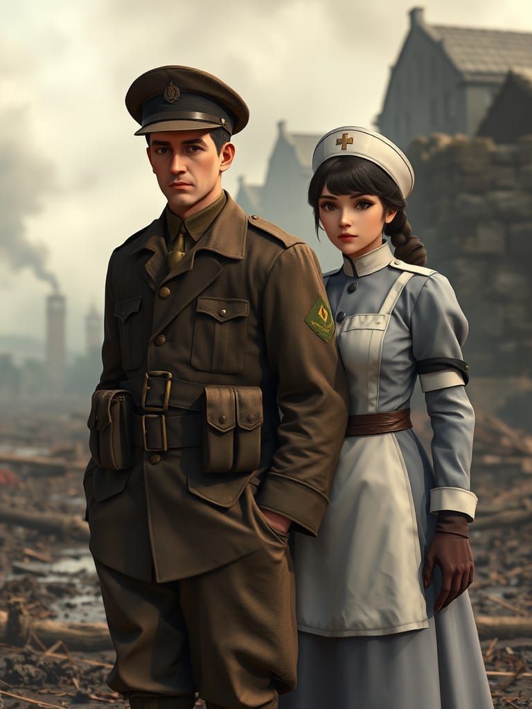 A Haunting World War I Scene in 3D Anime Style