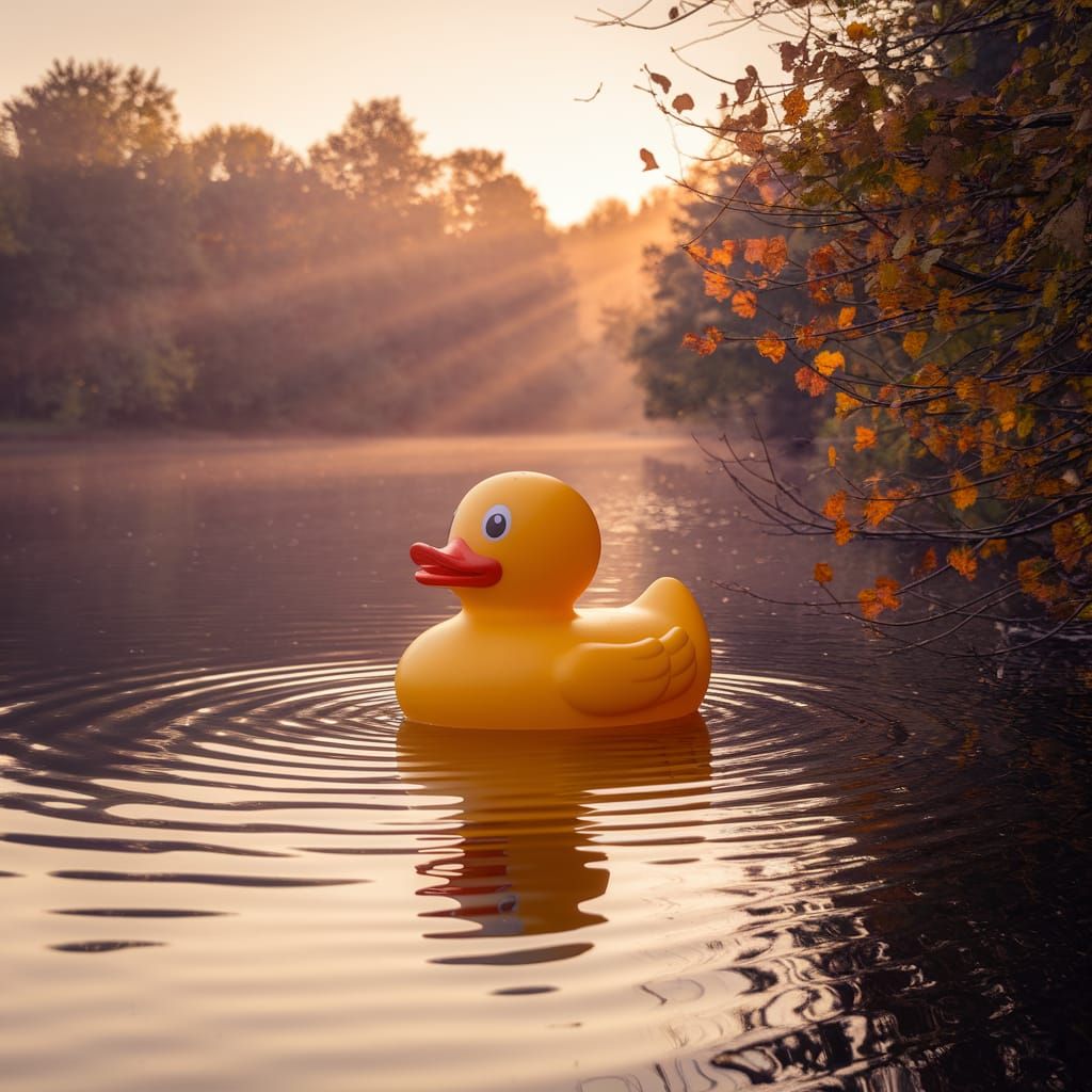 Giant Rubber Ducky on Serene Lake, Golden Hour Photography