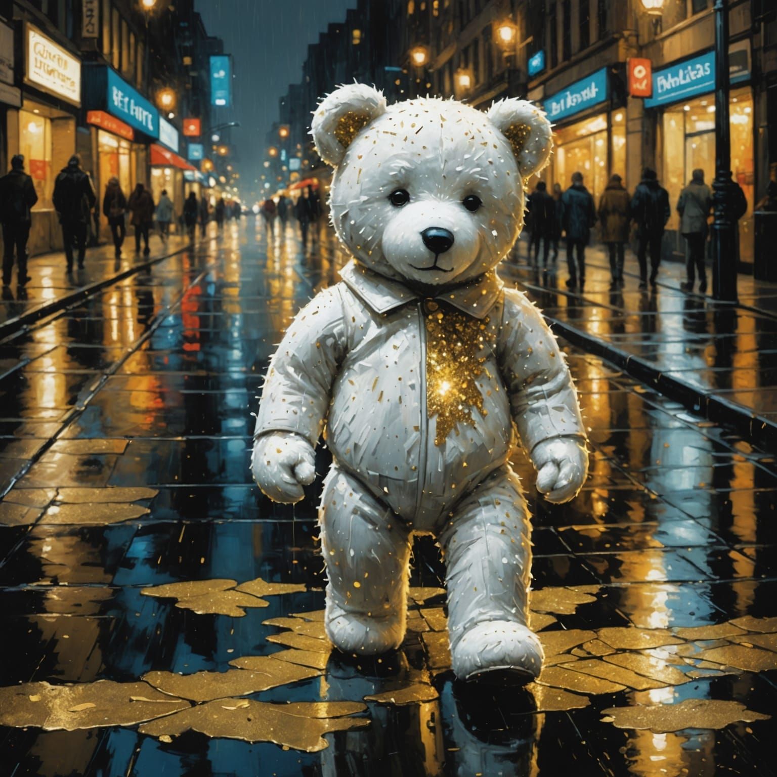 Damp Teddy Bear in Rainy City as Alcohol Ink Art