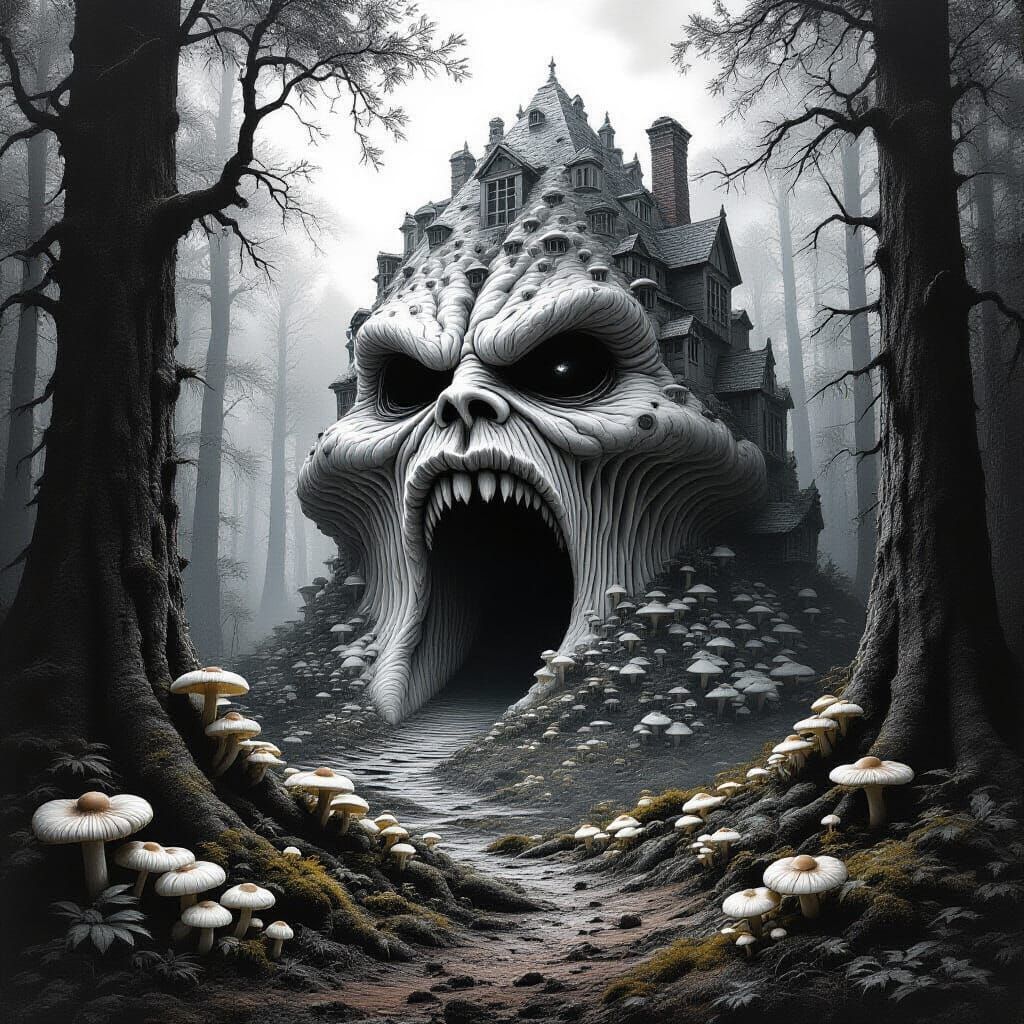 Gigantic Sentient Morel Mushroom in Dark Fantasy Scene