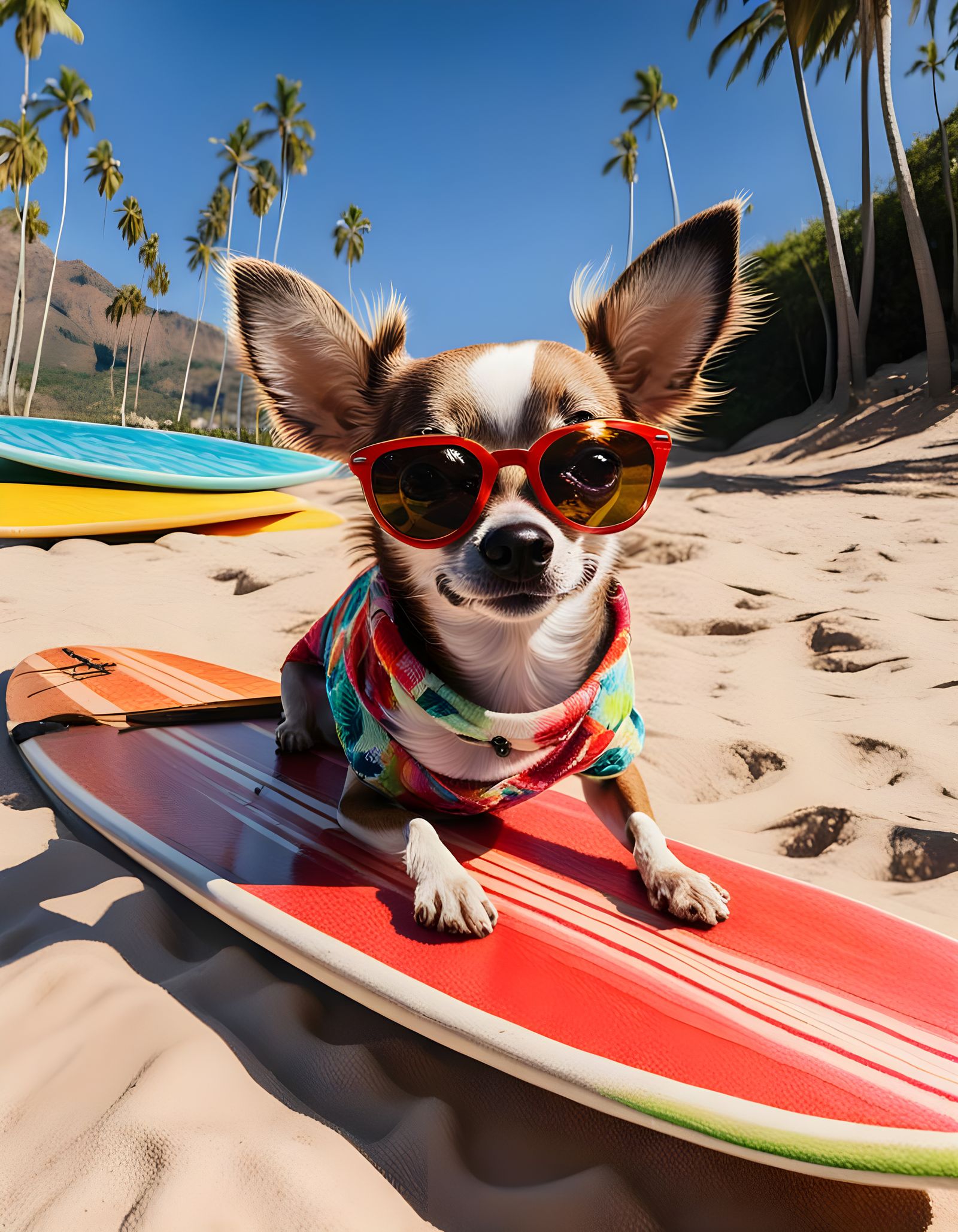 Chihuahua Riding Surfboard in Vibrant Tropical Beach Scene