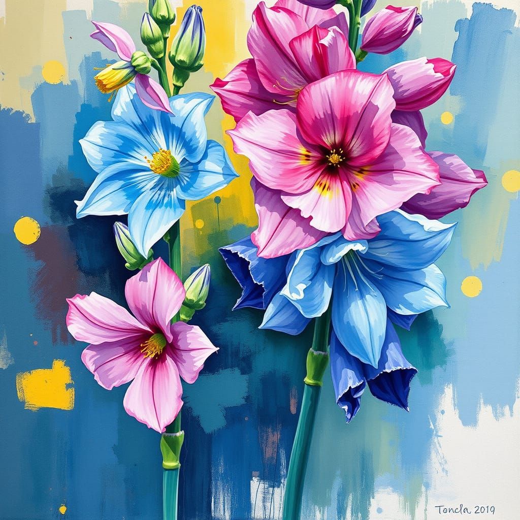 Abstract Floral Painting: Delphinium and Monkshood in Dreamy...