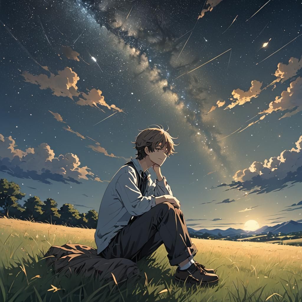 Nostalgic Man Stargazing in Anime Style