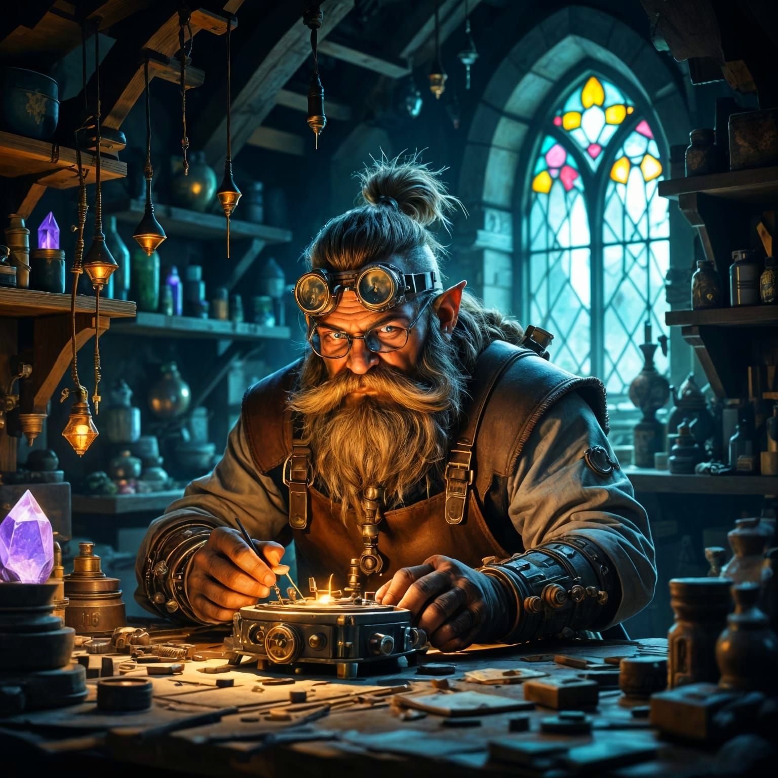 Dwarven Artificer in Workshop, Dark Fantasy Concept Art